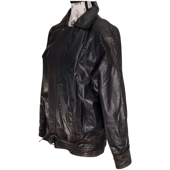 🇨🇦 90s Genuine Leather Black Leopard Bomber Jacket Size Medium Large - Picture 10 of 10